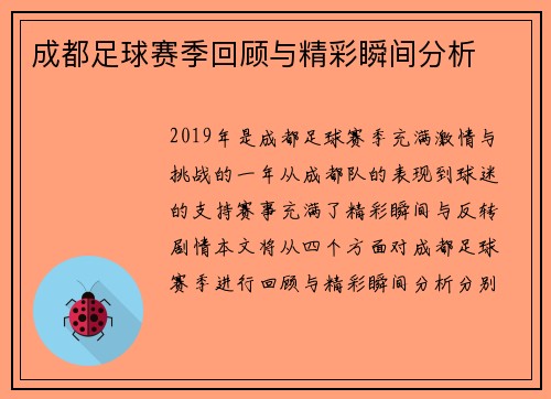 成都足球赛季回顾与精彩瞬间分析