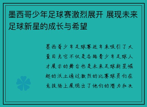 墨西哥少年足球赛激烈展开 展现未来足球新星的成长与希望