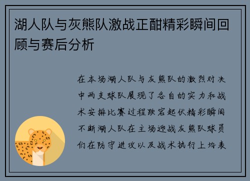 湖人队与灰熊队激战正酣精彩瞬间回顾与赛后分析